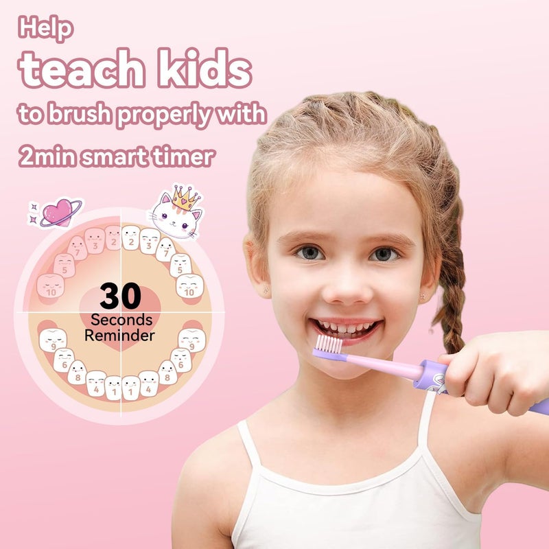 JTF Kids Electric Toothbrush Rechargeable: Sonic Tooth Brush with Smart Timer 5 Brushing Modes 4 Soft Brush Heads IPX7 Waterproof and DIY Sticker, Portable Pink Children Toothbrushes for Girl, Ages 3+ - Image 3